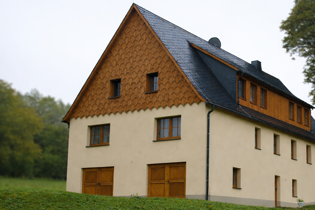 Traditioneller Giebel mit Holzschindeln