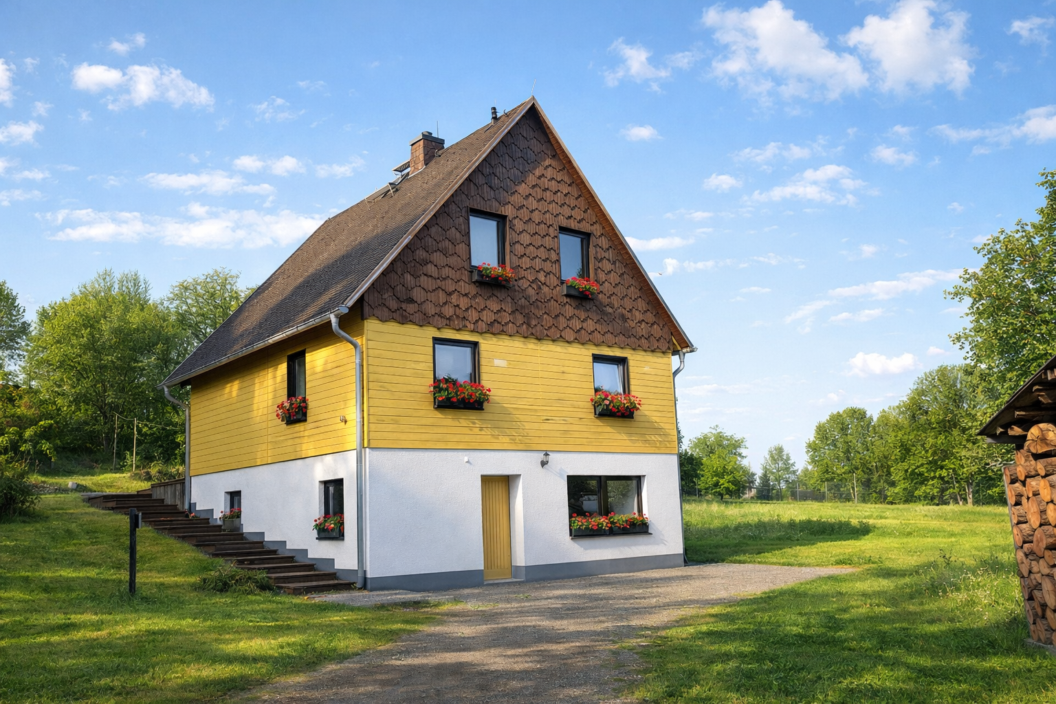 Holzfassade nach skandinavischem Vorbild mit Schindelgiebel