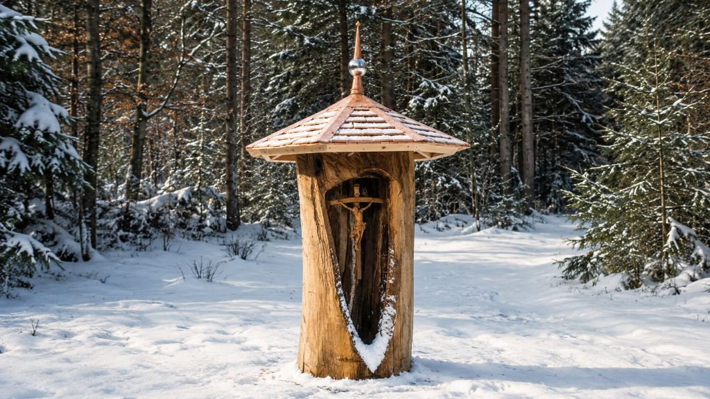 Holzkapelle mit Kruzifix im verschneiten Wald