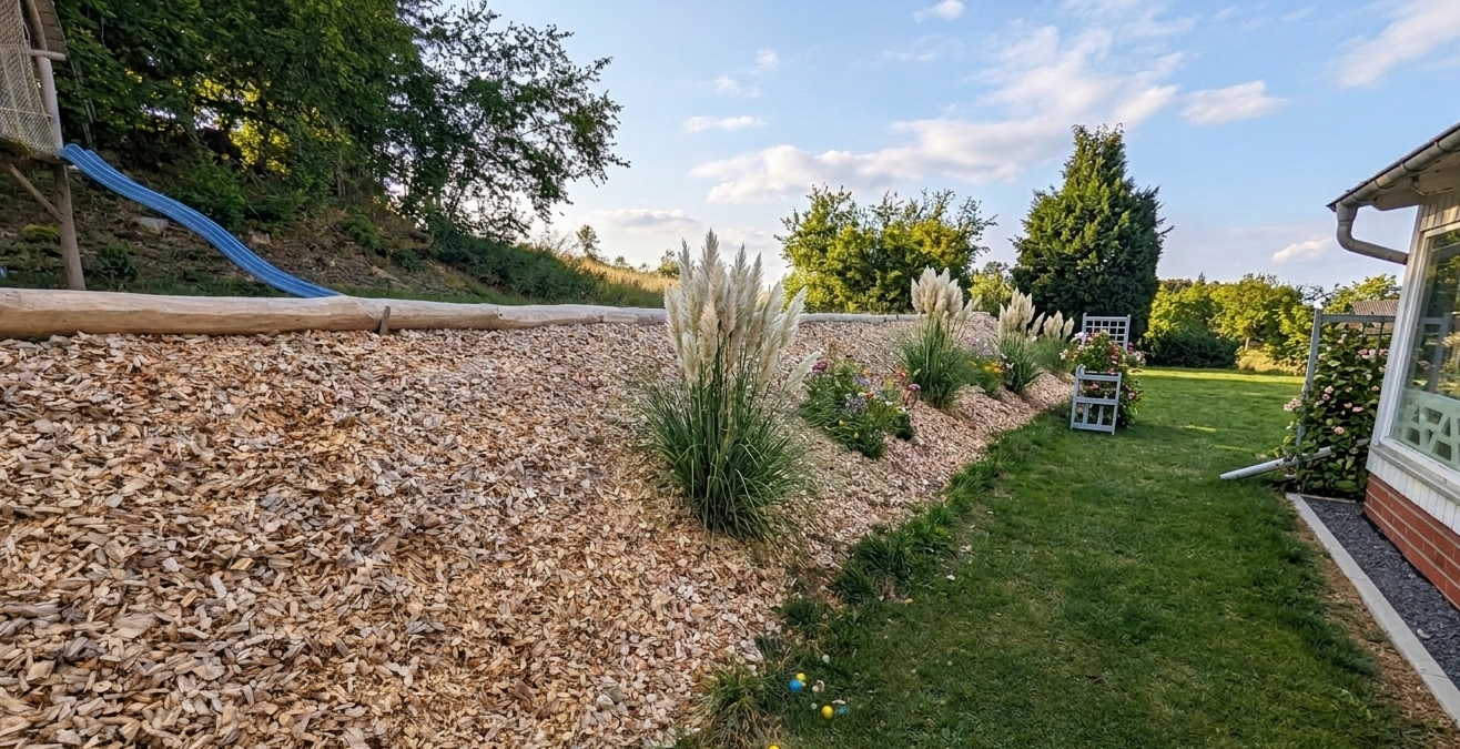 Gestalteter Gartenhang mit Hachschnitzel, Ziergräsern und Abgrenzungen aus Robinie-Rundhölzern