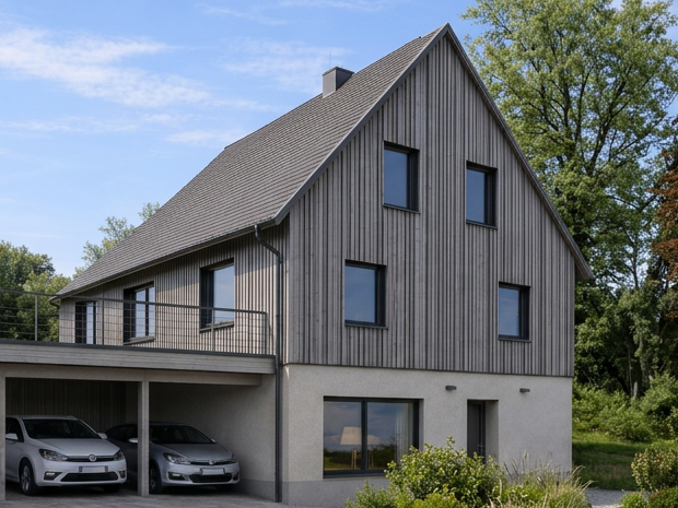 Modern two-story house with wooden siding and large windows surrounded by greenery and parked cars